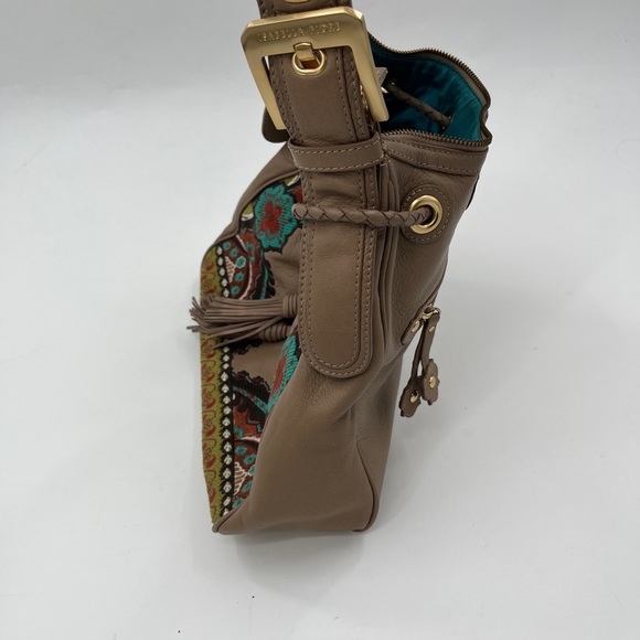 Isabella Fiore Embroidered Tan Leather Boho Hobo Shoulder Strap Purse - Picture 7 of 16